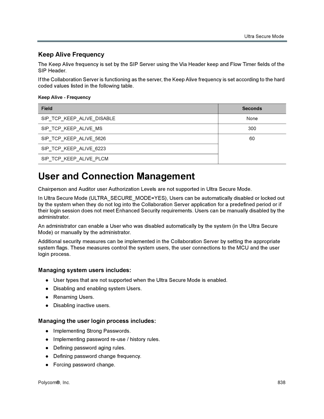 Polycom 1500/1800/2000/4000 manual User and Connection Management, Keep Alive Frequency, Managing system users includes 