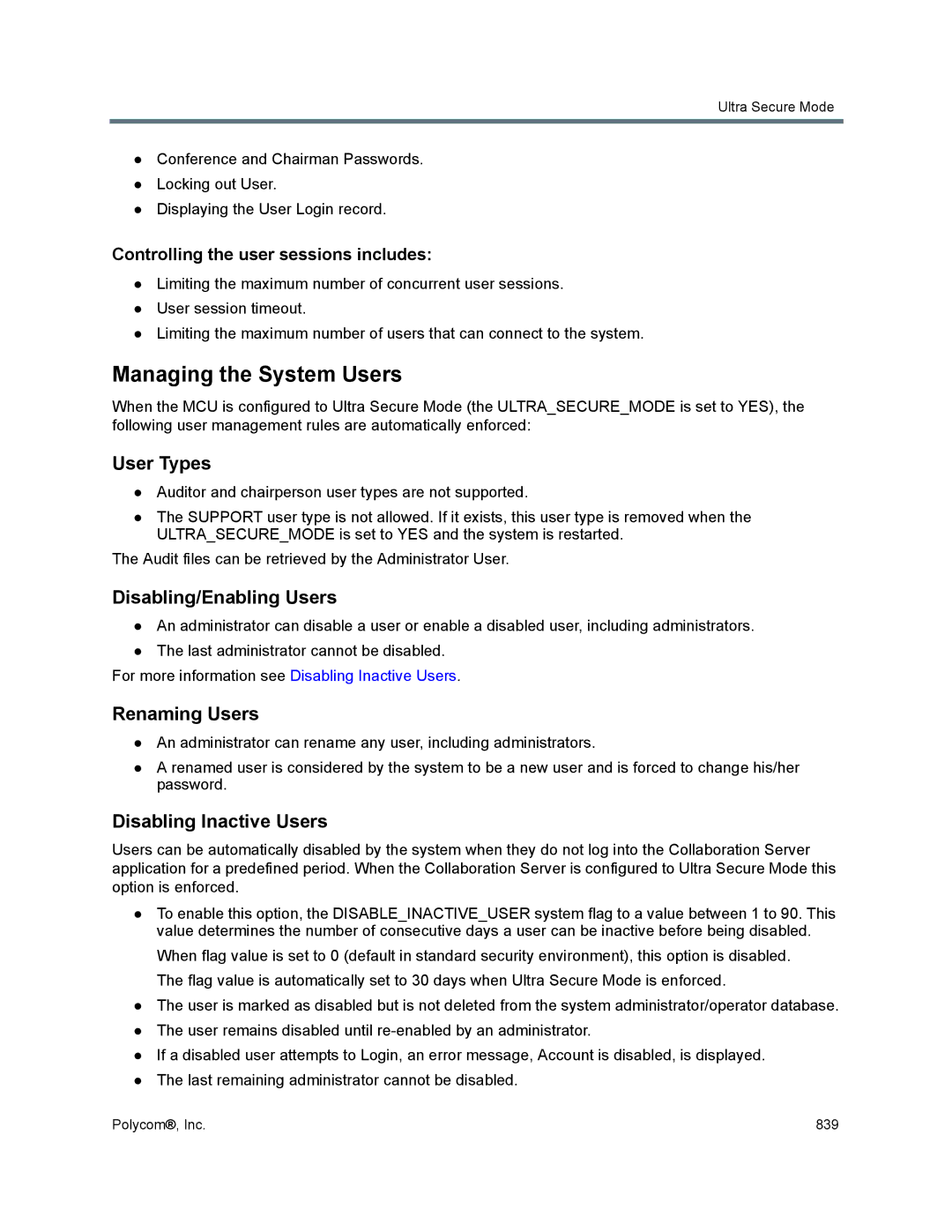 Polycom 1500/1800/2000/4000 manual Managing the System Users, User Types, Disabling/Enabling Users, Renaming Users 