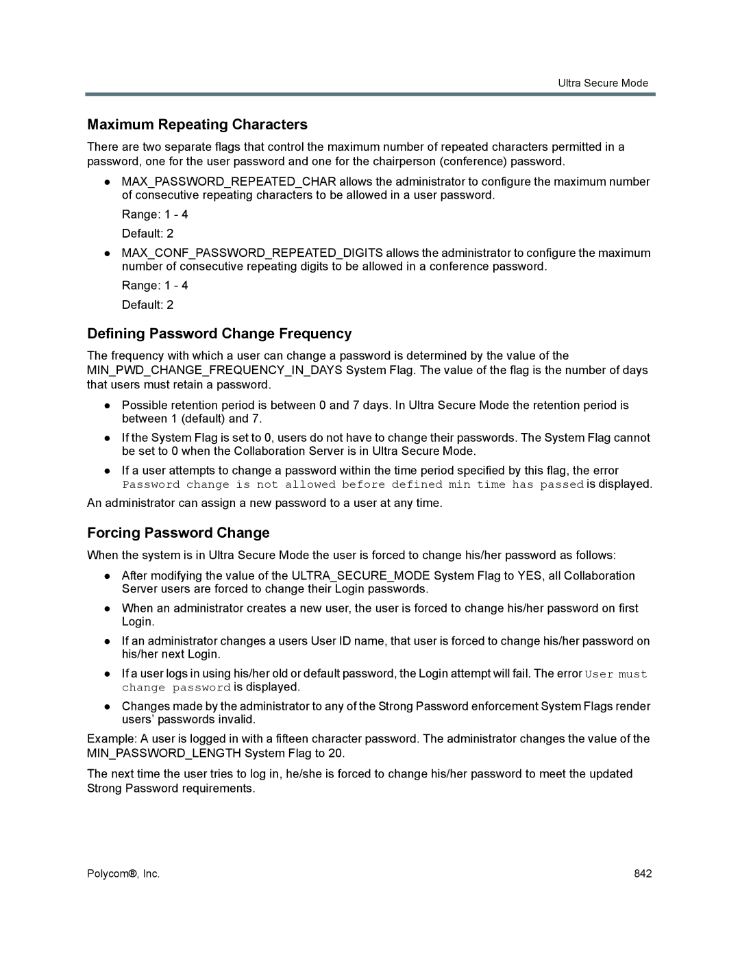 Polycom 1500/1800/2000/4000 Maximum Repeating Characters, Defining Password Change Frequency, Forcing Password Change 