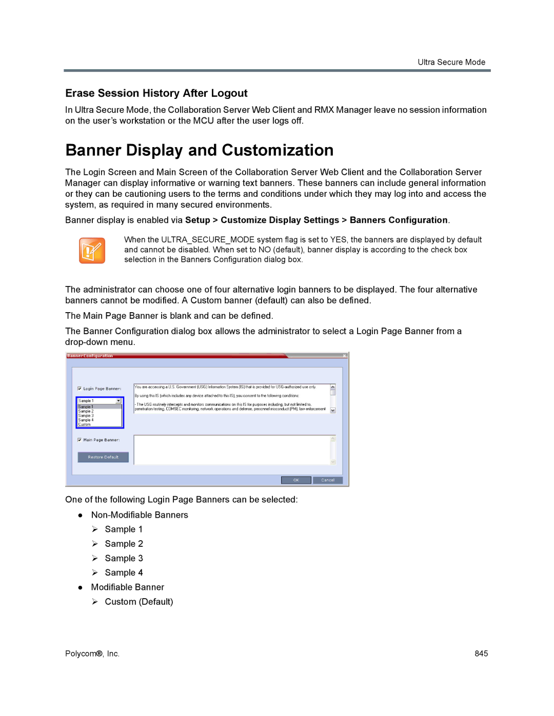 Polycom 1500/1800/2000/4000 manual Banner Display and Customization, Erase Session History After Logout 
