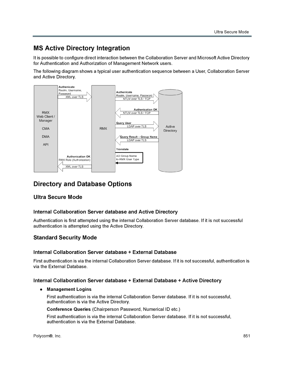 Polycom 1500/1800/2000/4000 manual MS Active Directory Integration, Directory and Database Options, Ultra Secure Mode 