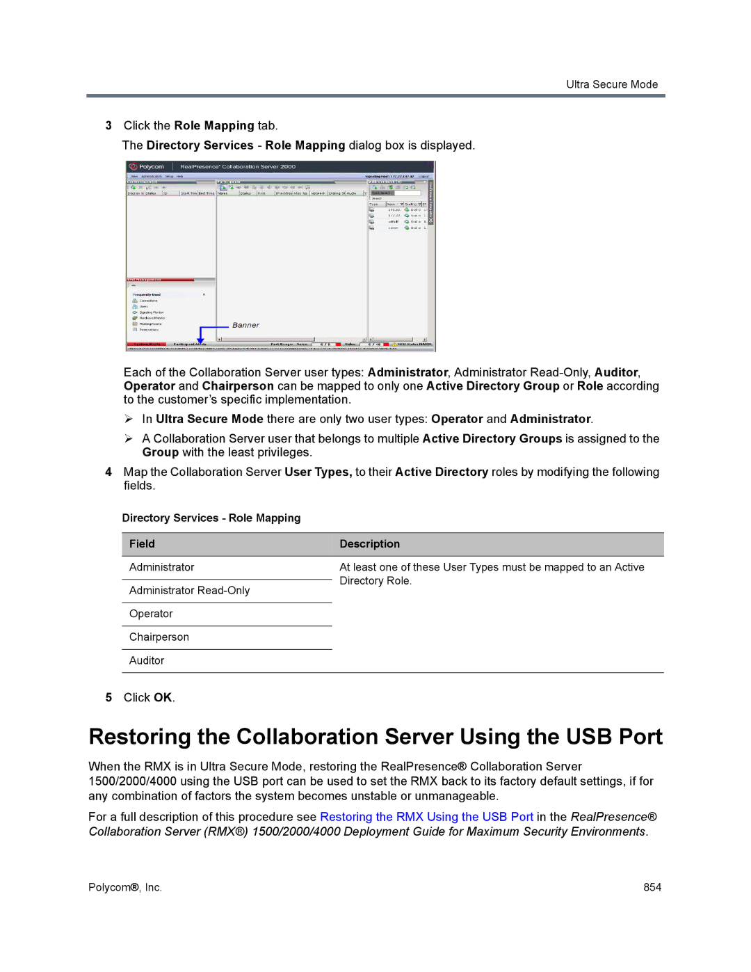 Polycom 1500/1800/2000/4000 manual Restoring the Collaboration Server Using the USB Port, Click the Role Mapping tab 