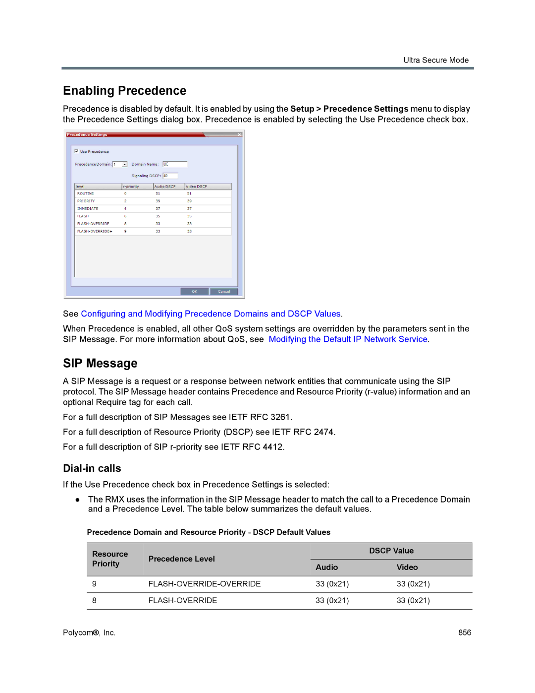 Polycom 1500/1800/2000/4000 manual Enabling Precedence, SIP Message, Dial-in calls, Flash-Override-Override 