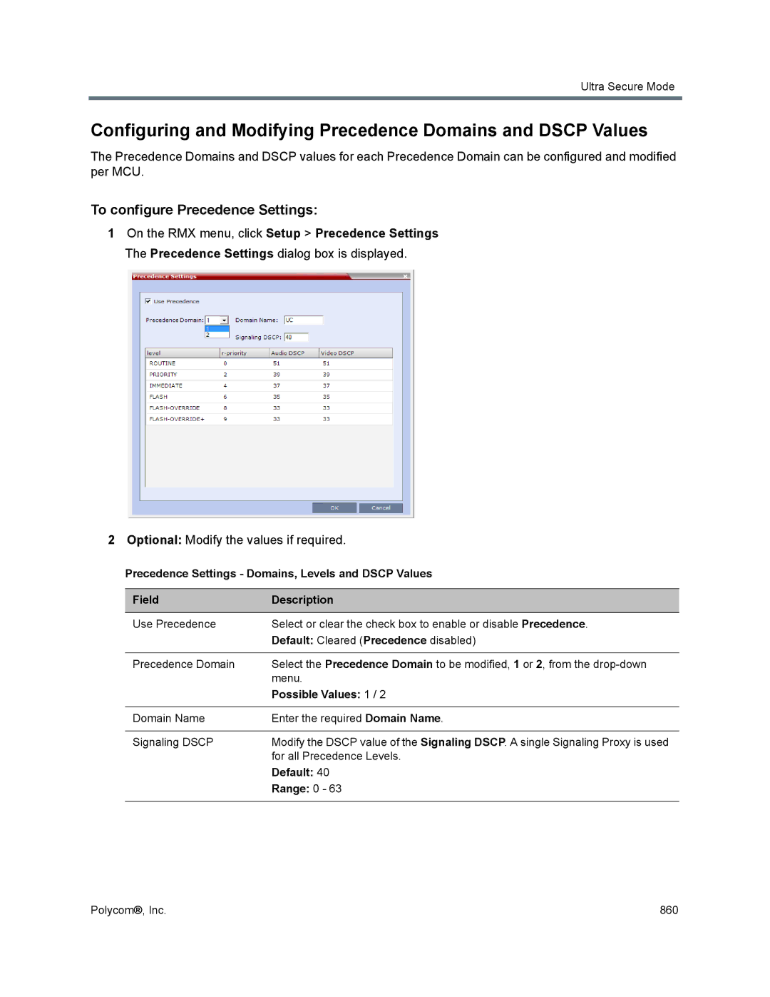 Polycom 1500/1800/2000/4000 To configure Precedence Settings, Optional Modify the values if required, Possible Values 1 