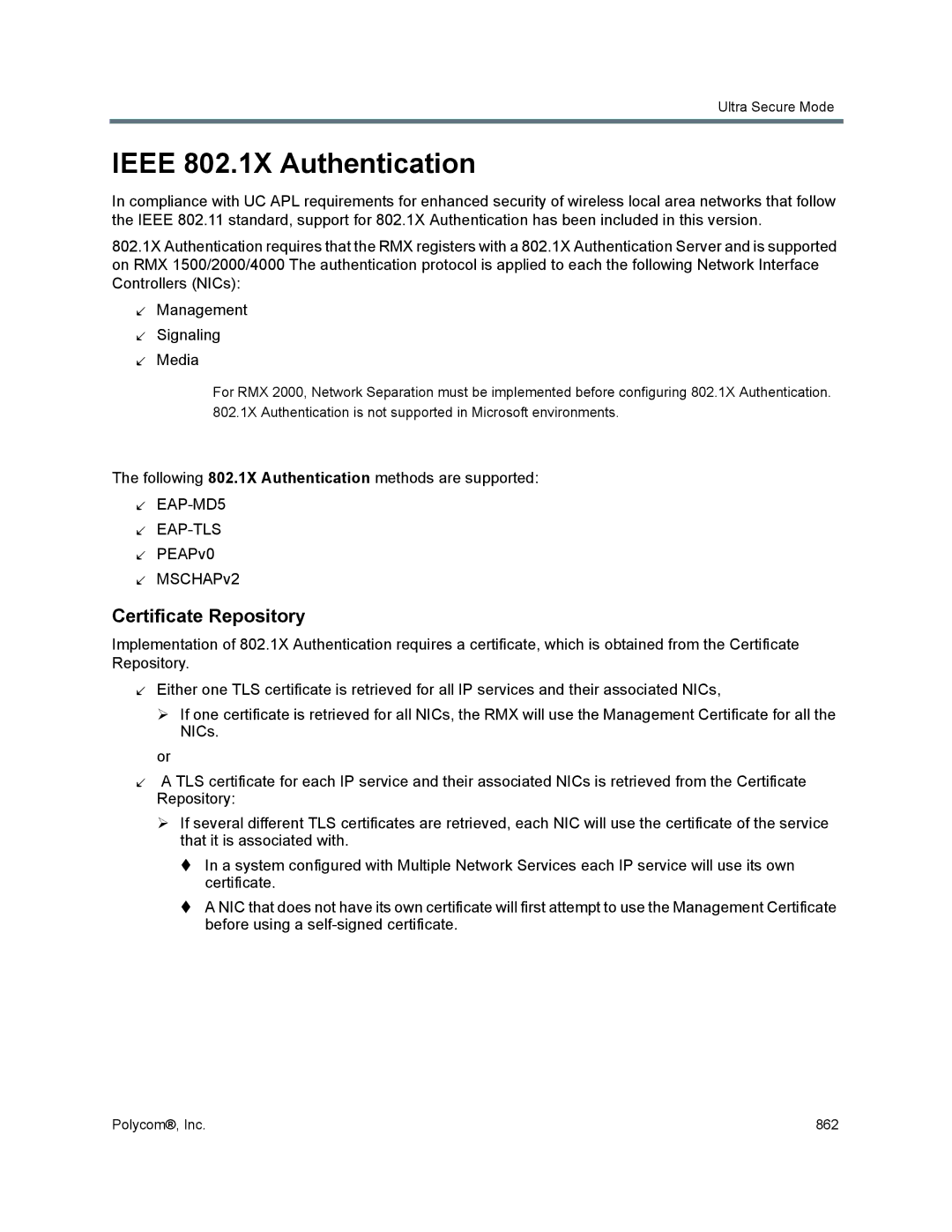 Polycom 1500/1800/2000/4000 manual Ieee 802.1X Authentication, Certificate Repository, PEAPv0 MSCHAPv2 