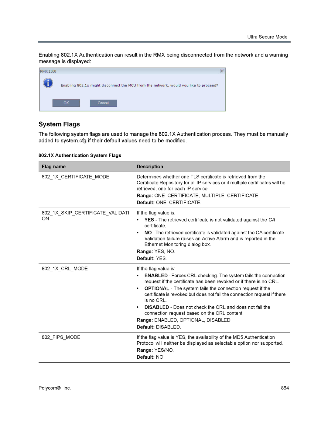 Polycom 1500/1800/2000/4000 manual 802.1X Authentication System Flags Flag name Description, Default Disabled, Range YES/NO 