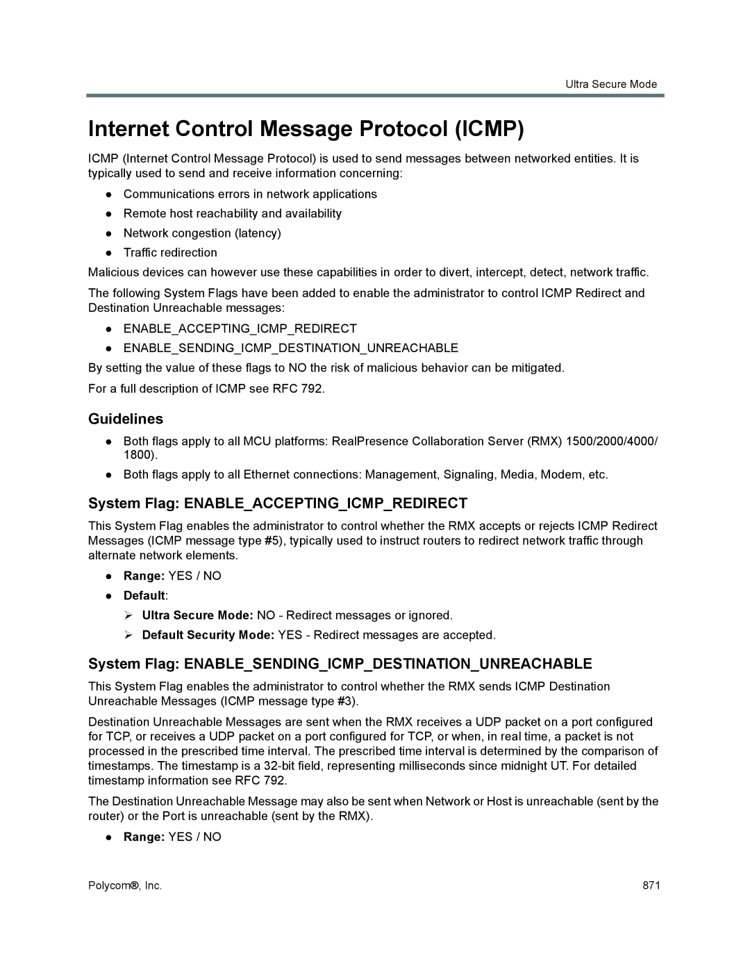 Polycom 1500/1800/2000/4000 manual Internet Control Message Protocol Icmp, System Flag Enableacceptingicmpredirect 