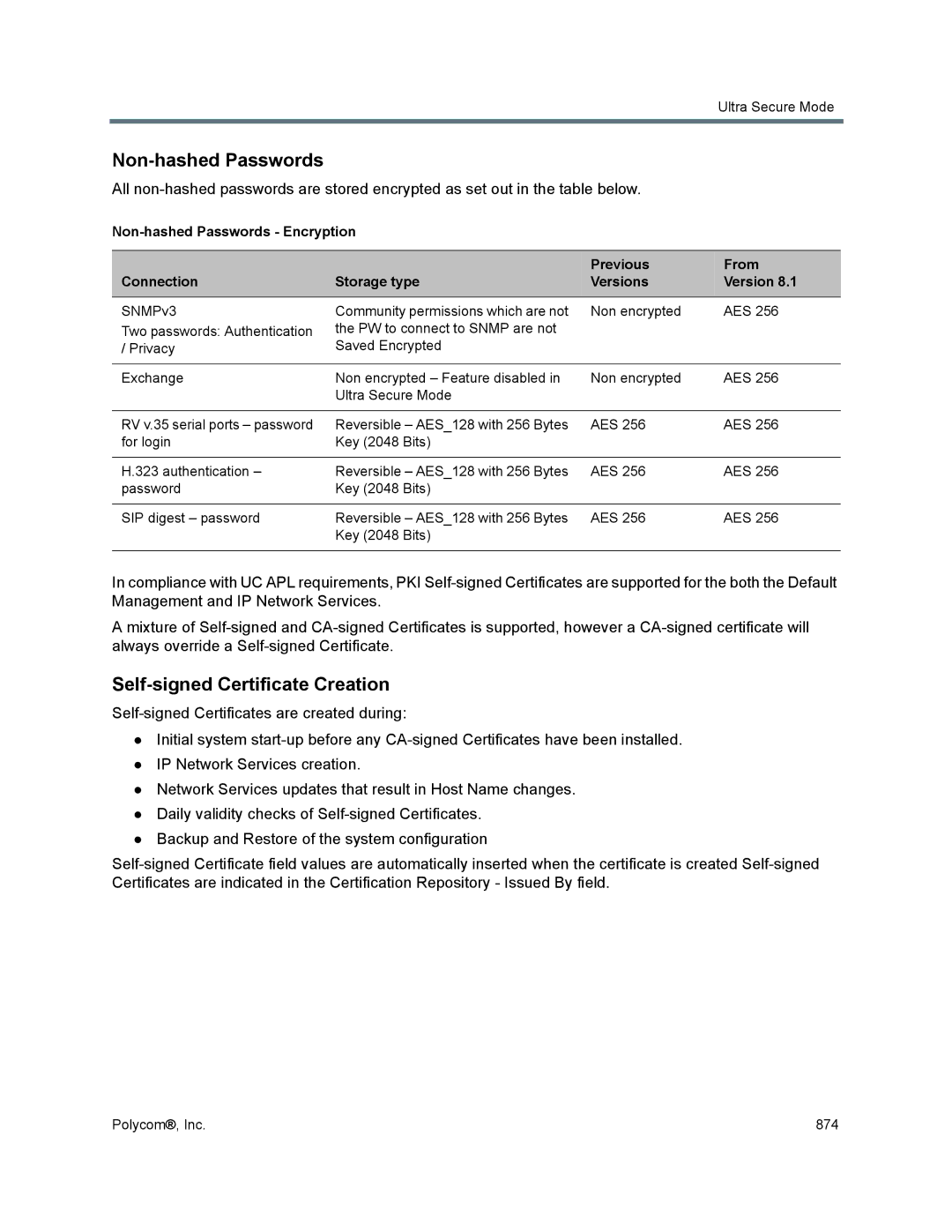 Polycom 1500/1800/2000/4000 manual Non-hashed Passwords, Self-signed Certificate Creation 