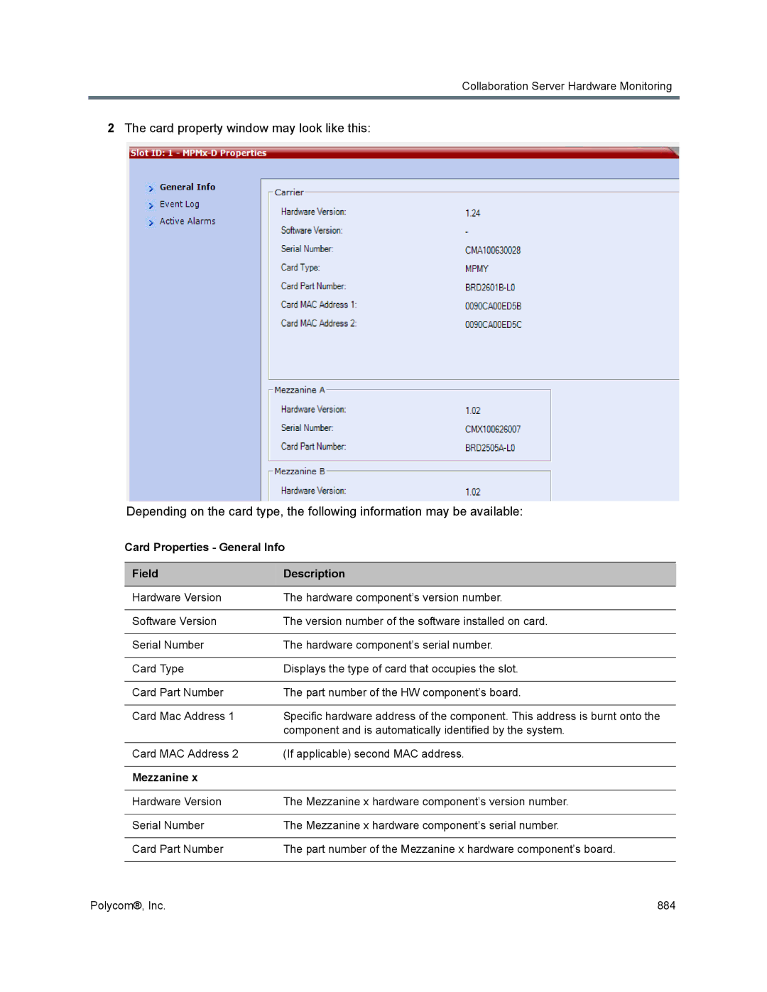 Polycom 1500/1800/2000/4000 manual Card Properties General Info Field Description, Mezzanine 