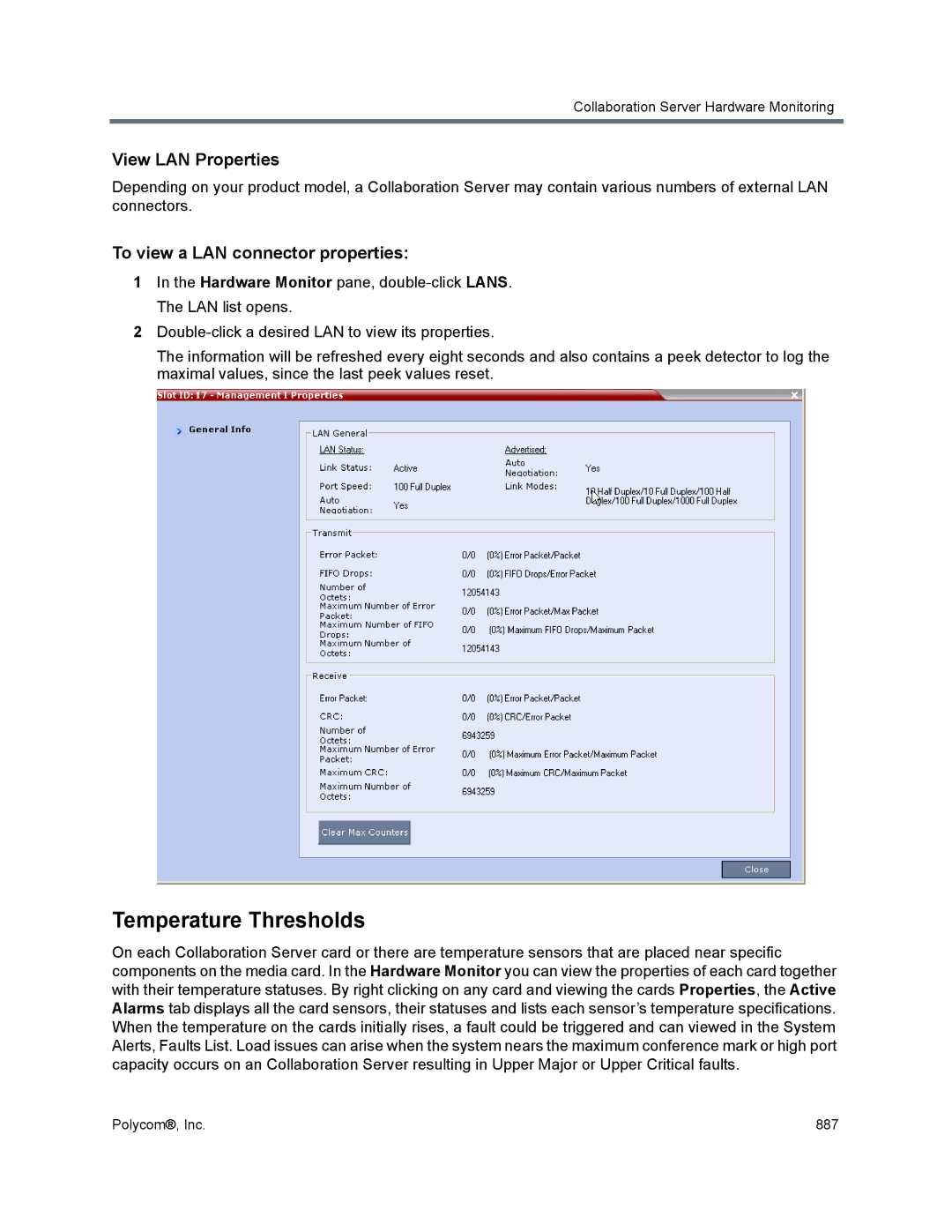 Polycom 1500/1800/2000/4000 manual Temperature Thresholds, View LAN Properties, To view a LAN connector properties 