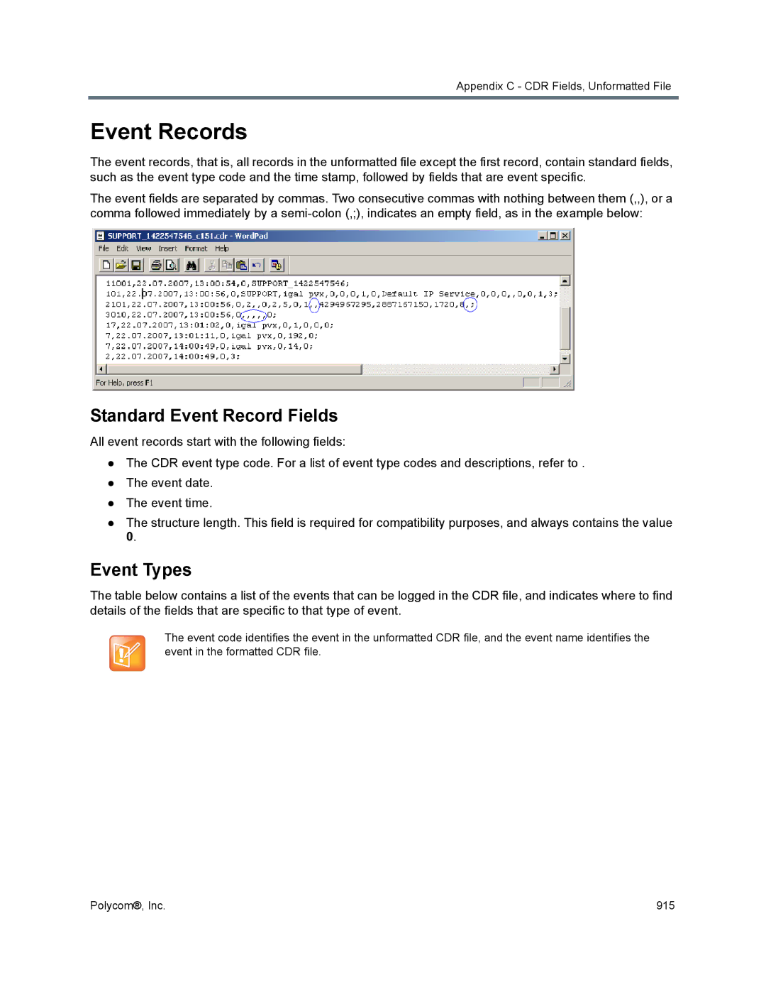 Polycom 1500/1800/2000/4000 manual Event Records, Standard Event Record Fields, Event Types 