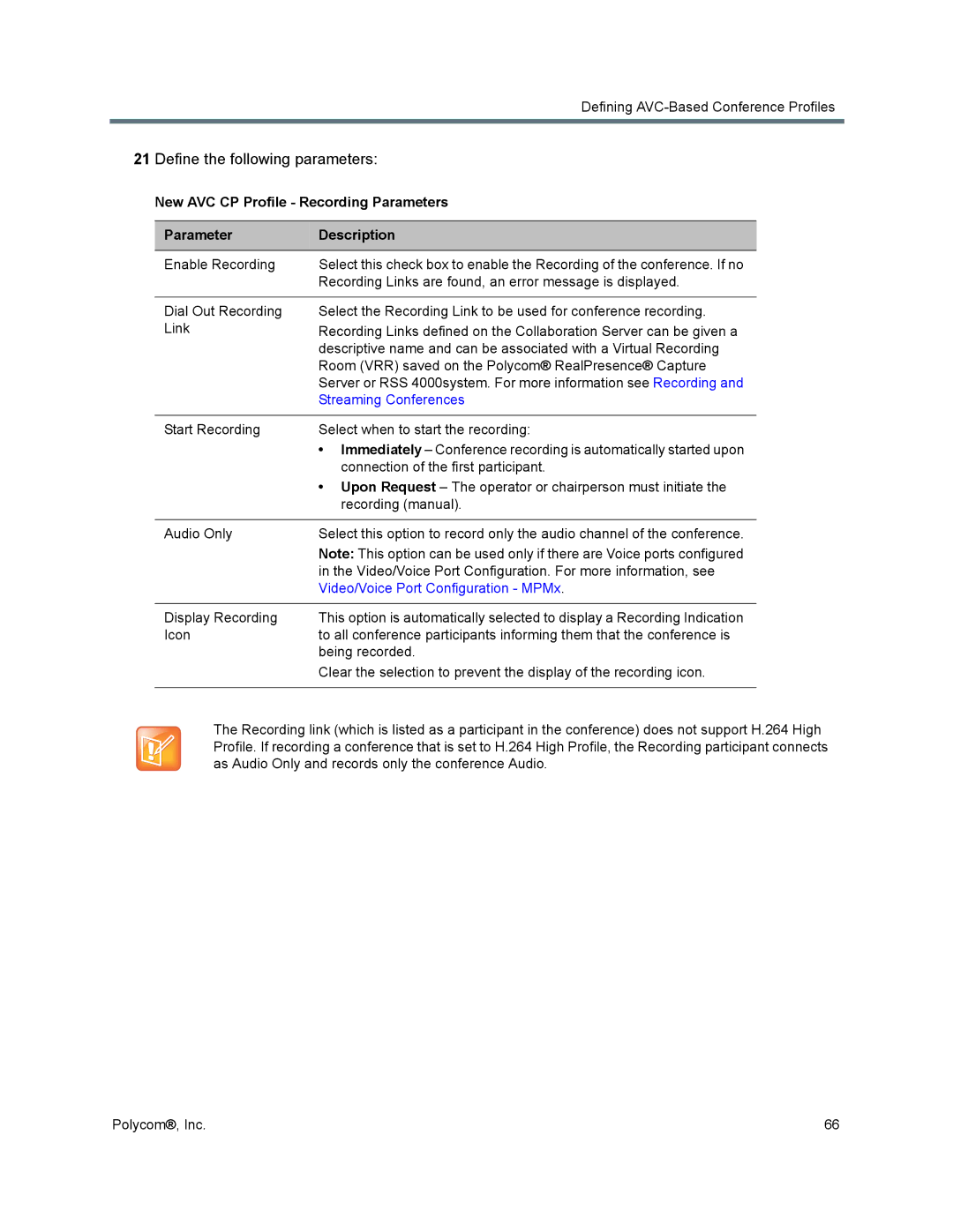 Polycom 1500/1800/2000/4000 manual New AVC CP Profile Recording Parameters Description, Video/Voice Port Configuration MPMx 