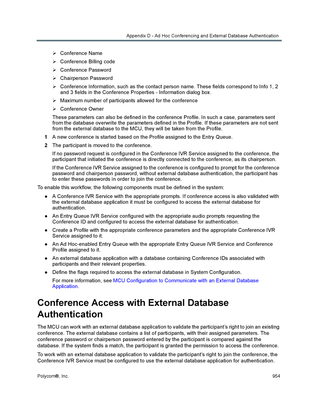 Polycom 1500/1800/2000/4000 manual Conference Access with External Database Authentication 