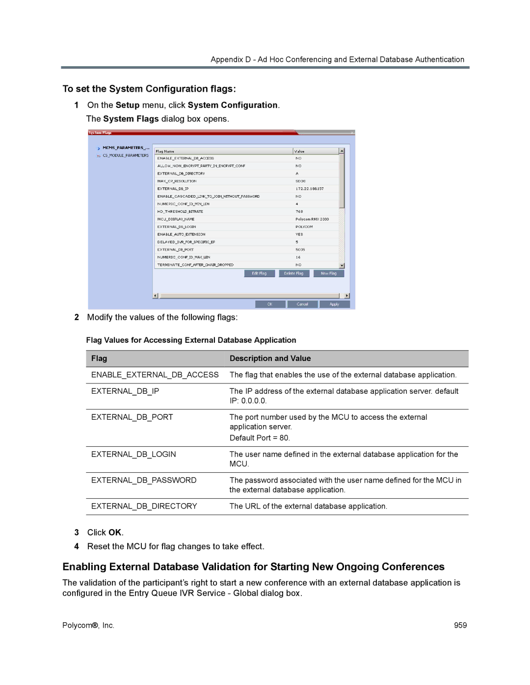 Polycom 1500/1800/2000/4000 manual To set the System Configuration flags, Modify the values of the following flags 