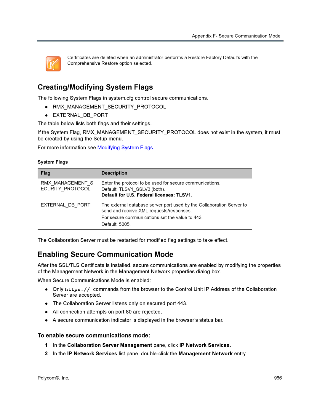 Polycom 1500/1800/2000/4000 Creating/Modifying System Flags, Enabling Secure Communication Mode, System Flags Description 