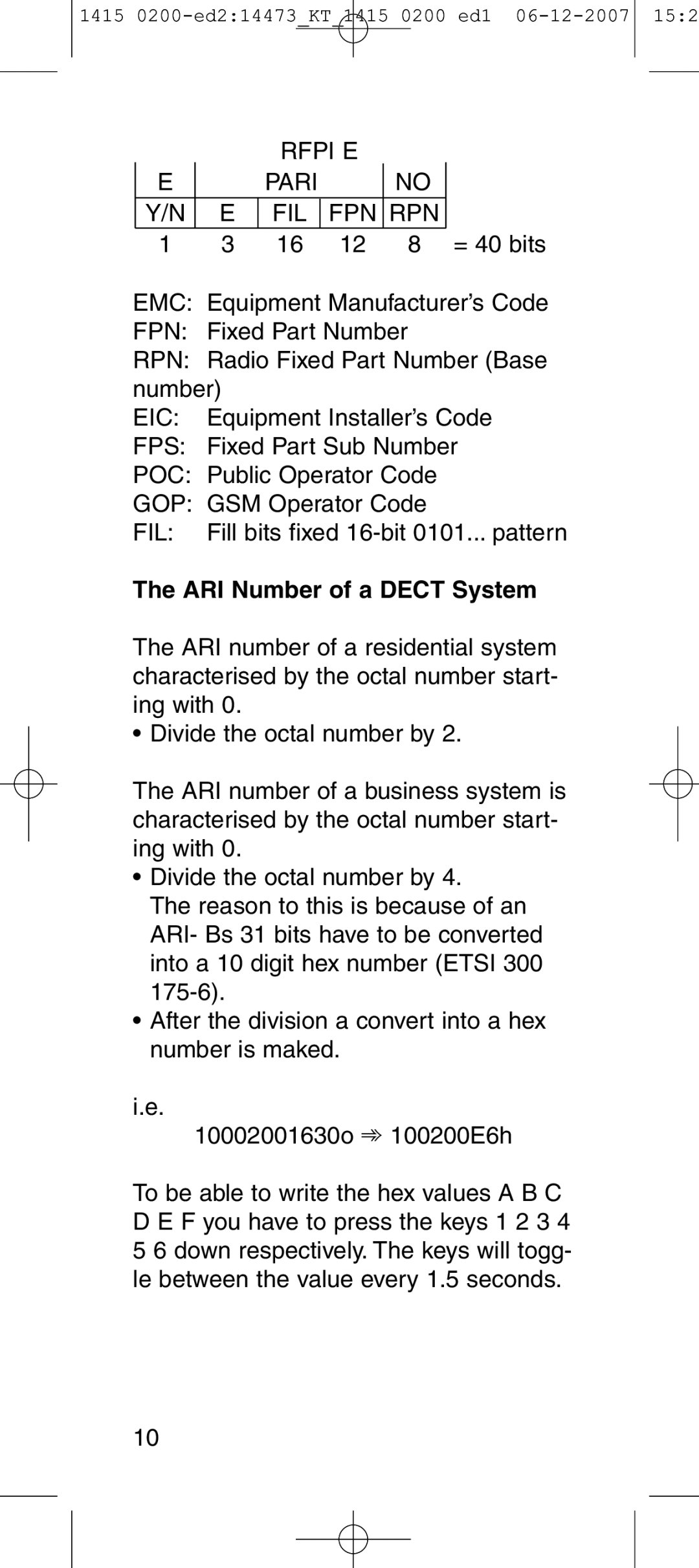 Polycom 1610 manual Pari FIL FPN RPN, ARI Number of a Dect System 