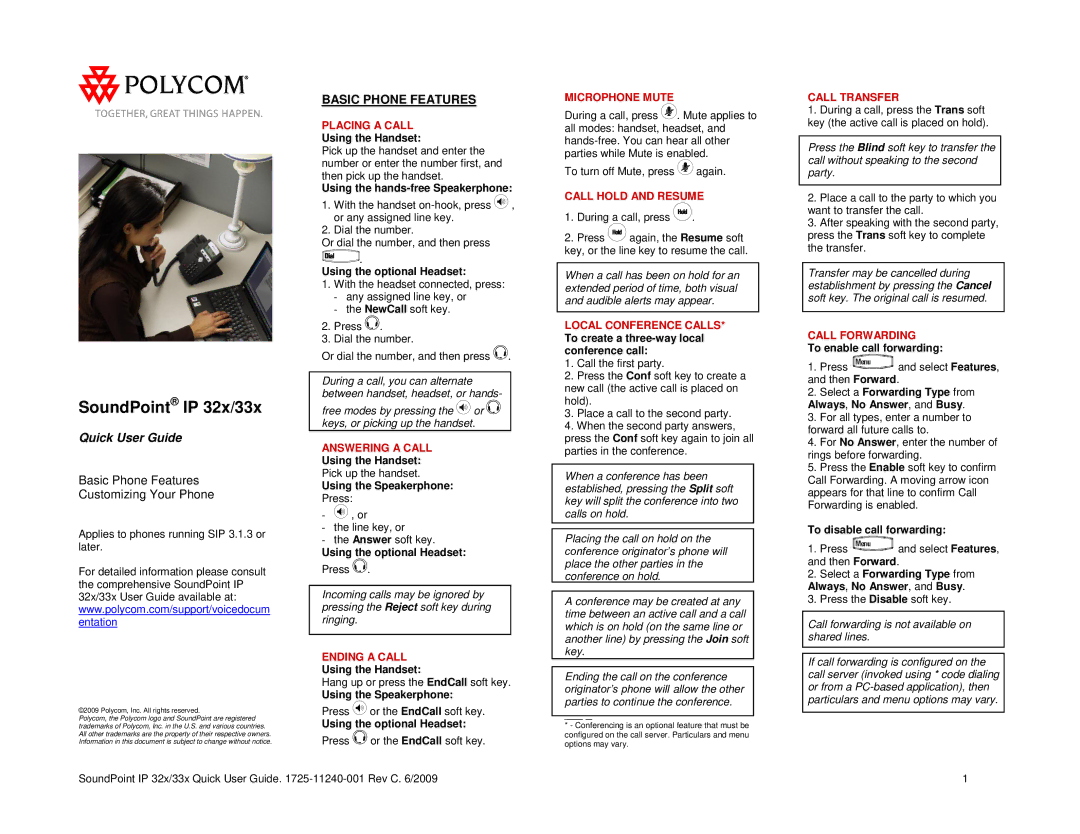 Polycom 1725-11240-001 manual Placing a Call, Answering a Call, Ending a Call, Microphone Mute, Call Hold and Resume 