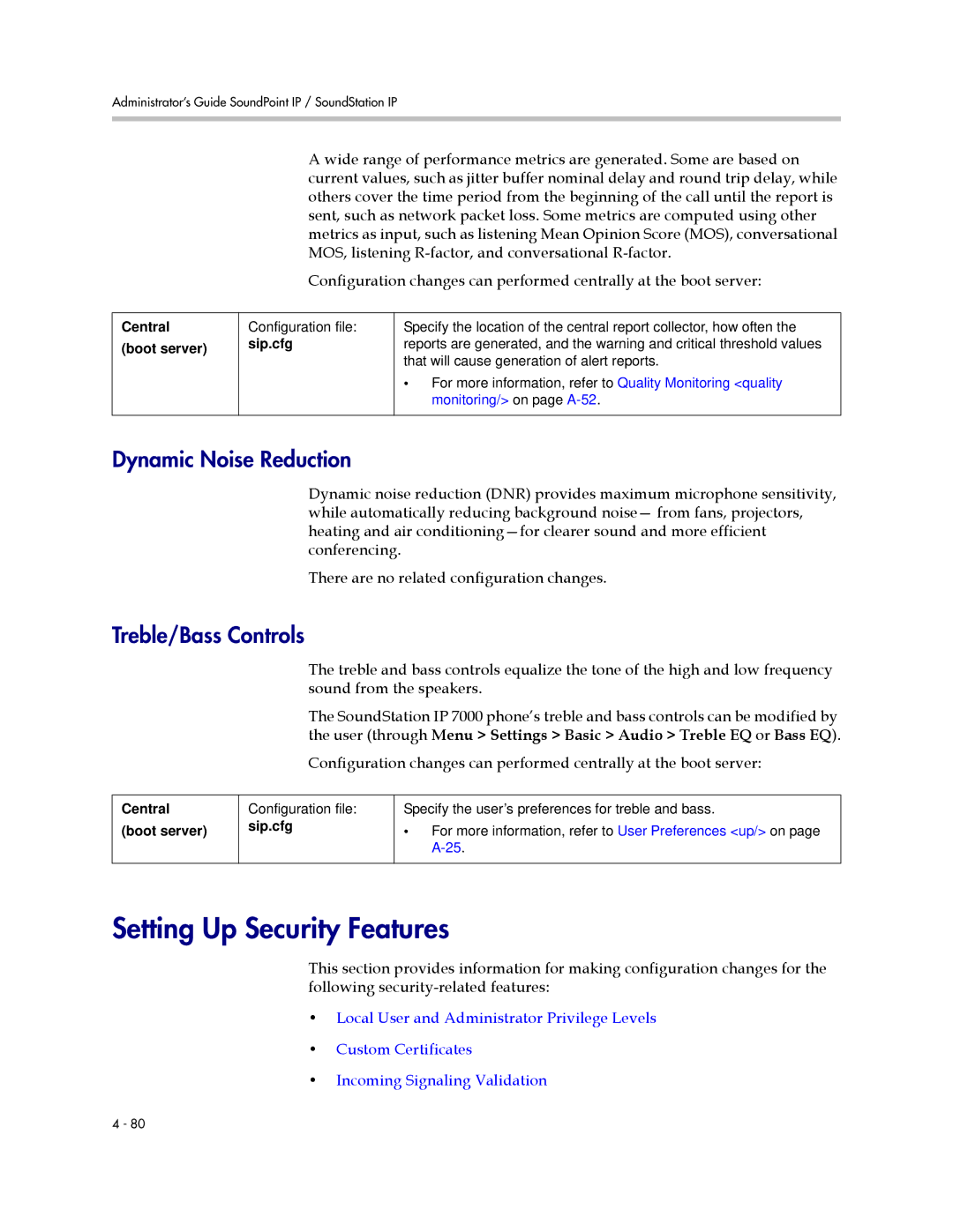 Polycom 1725-11530-310 manual Setting Up Security Features, Dynamic Noise Reduction, Treble/Bass Controls 