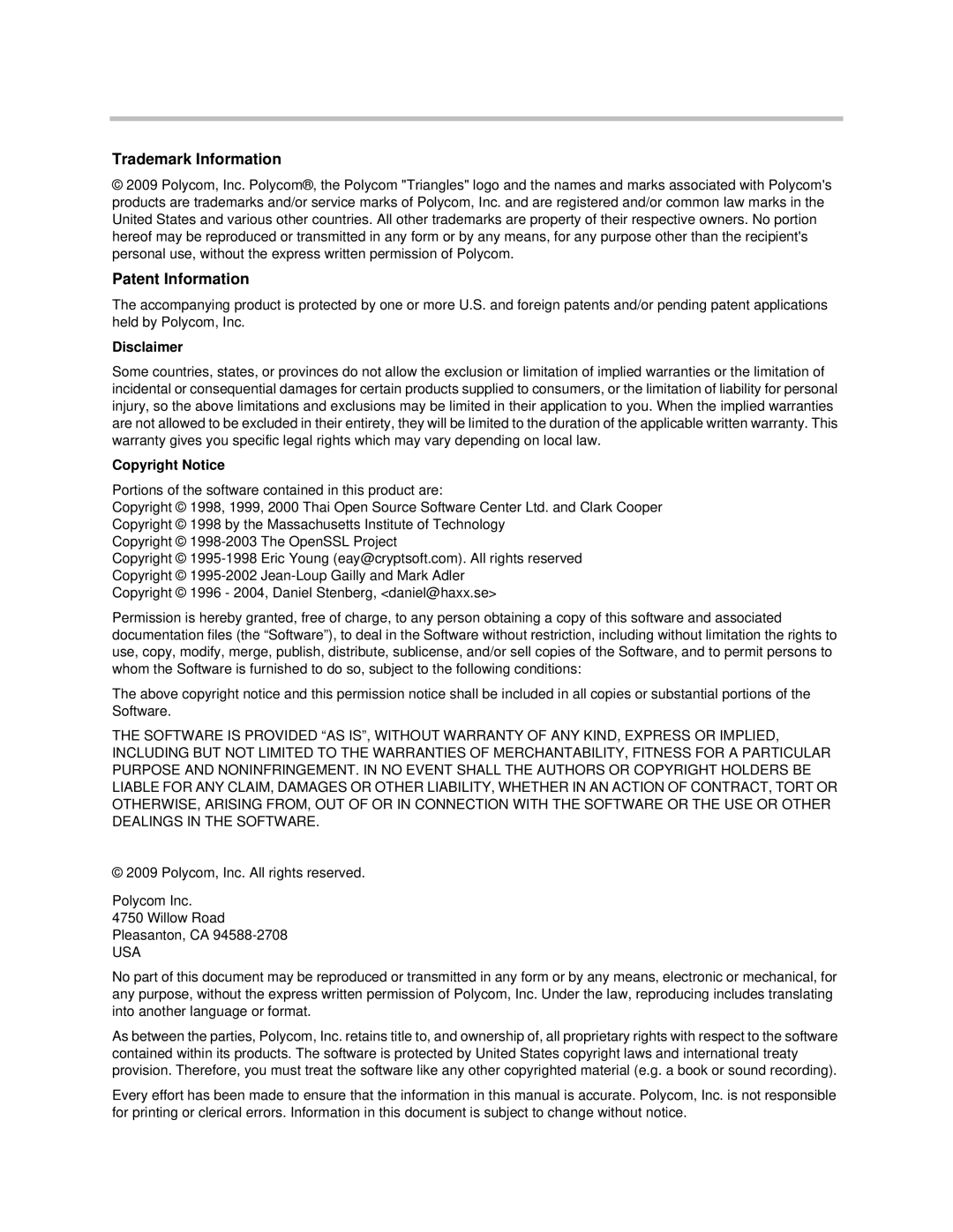 Polycom 1725-11530-310 manual Disclaimer, Copyright Notice 