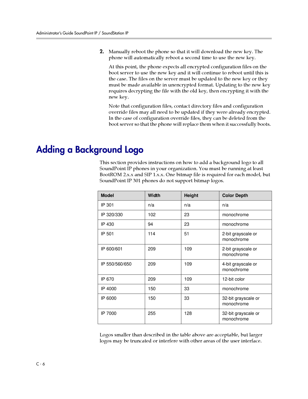 Polycom 1725-11530-310 manual Adding a Background Logo, Model Width Height Color Depth 