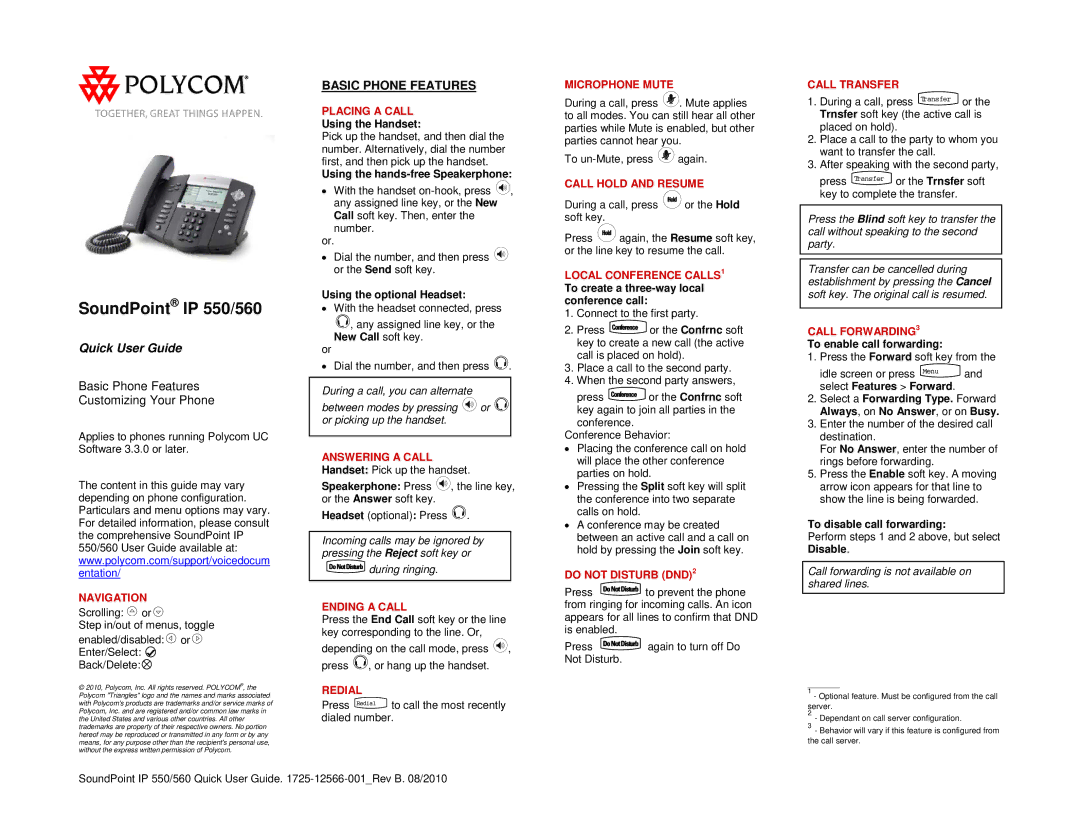 Polycom 1725-12566-001 manual Placing a Call, Ending a Call, Redial, Microphone Mute, Call Hold and Resume, Call Transfer 