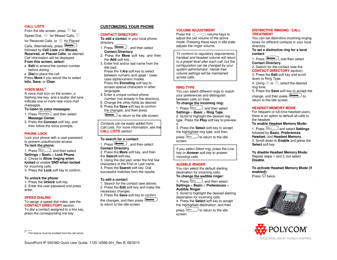 Polycom 1725-12566-001 Call Lists, Voice MAIL4, Phone Lock, Speed Dialing, Contact Directory, Volume Adjustment, Ring Type 