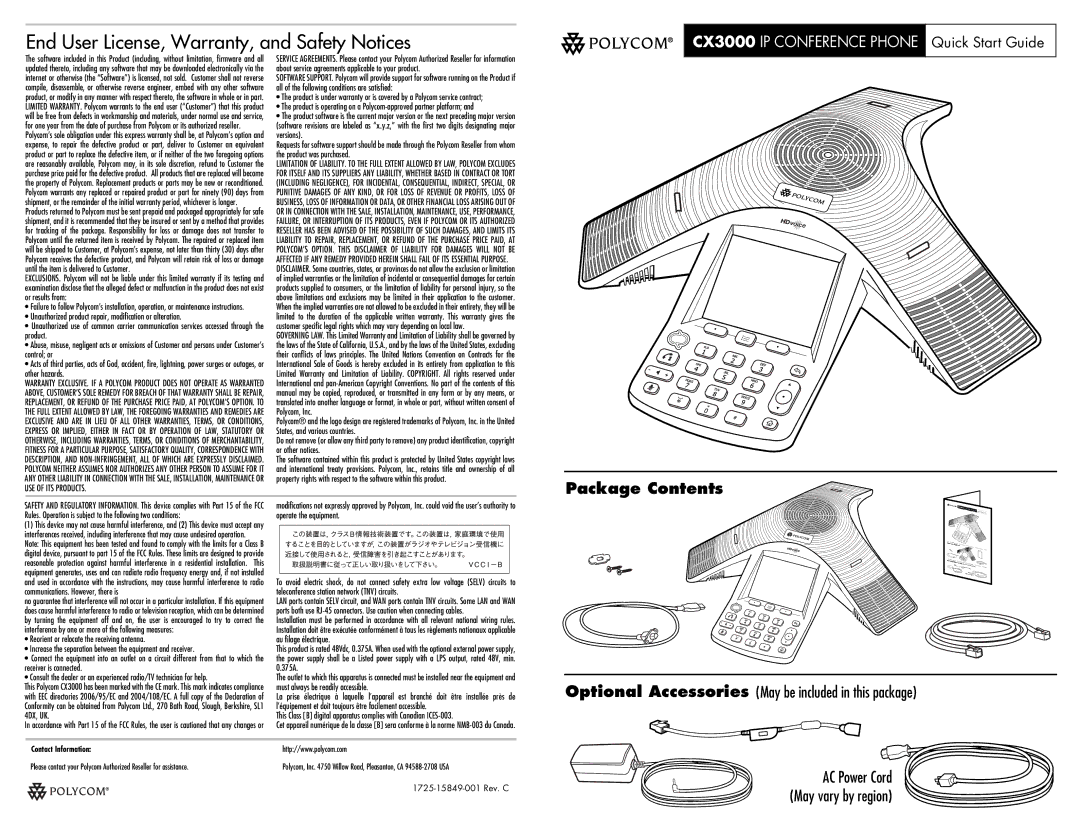 Polycom 1725-15849-001 warranty End User License, Warranty, and Safety Notices, Package Contents 