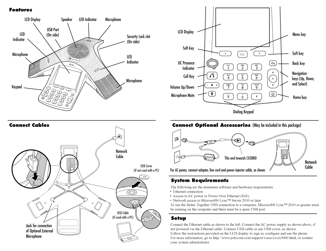 Polycom 1725-15849-001 warranty Features, Connect Cables, System Requirements, Setup 