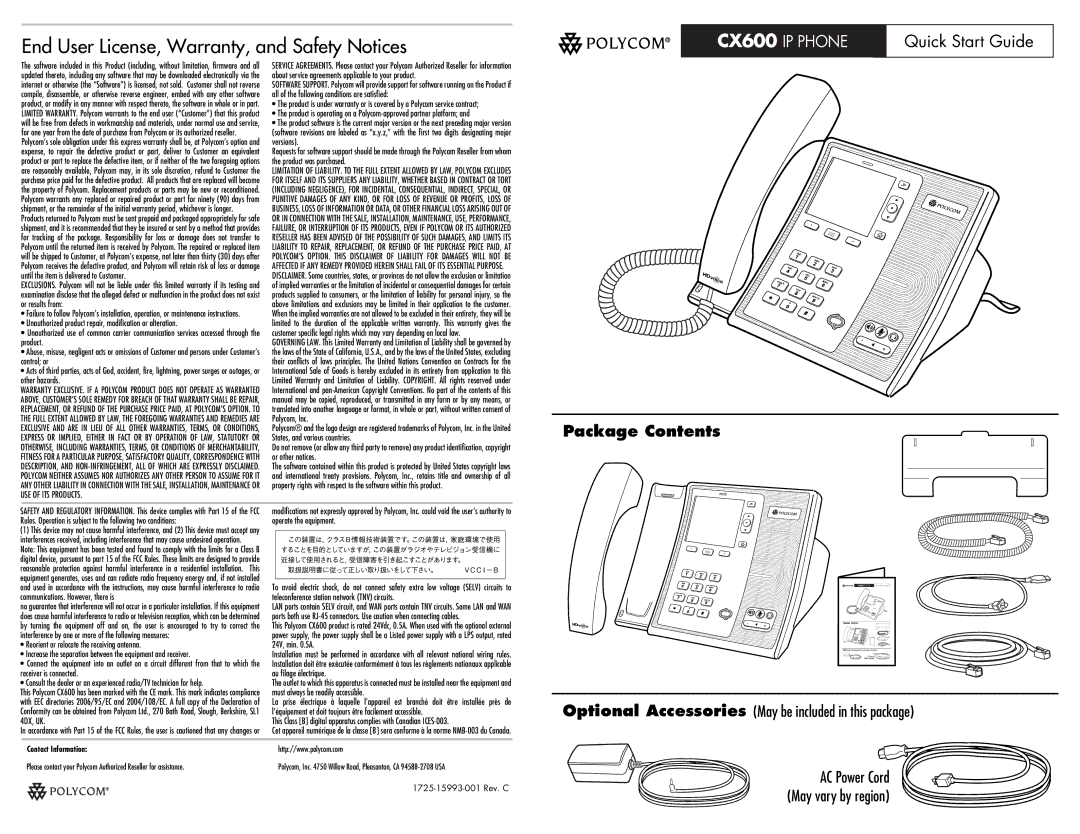 Polycom 1725-15993-001 quick start End User License, Warranty, and Safety Notices, Package Contents 