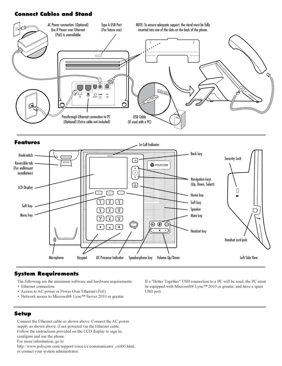 Polycom 1725-15993-001 quick start Connect Cables and Stand, Features, System Requirements, Setup 