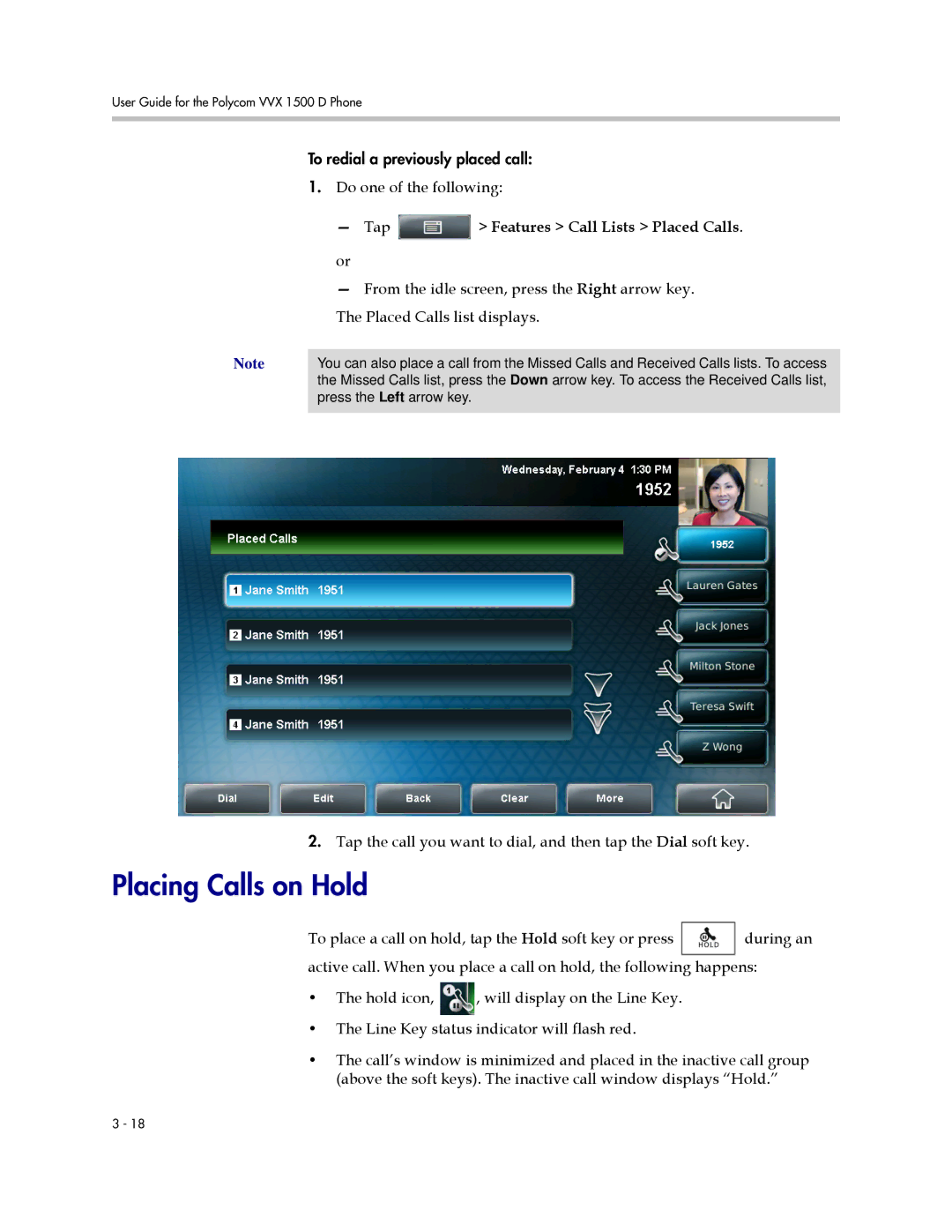 Polycom 1725-16824-001 manual Placing Calls on Hold, Do one of the following Tap, Features Call Lists Placed Calls 