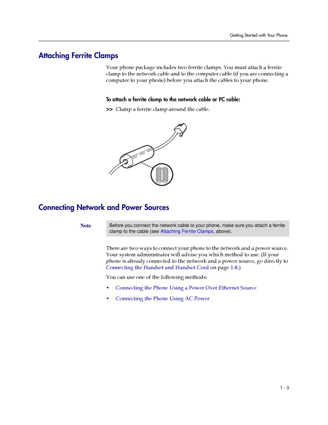 Polycom 1725-16824-001 manual Attaching Ferrite Clamps, Connecting Network and Power Sources 