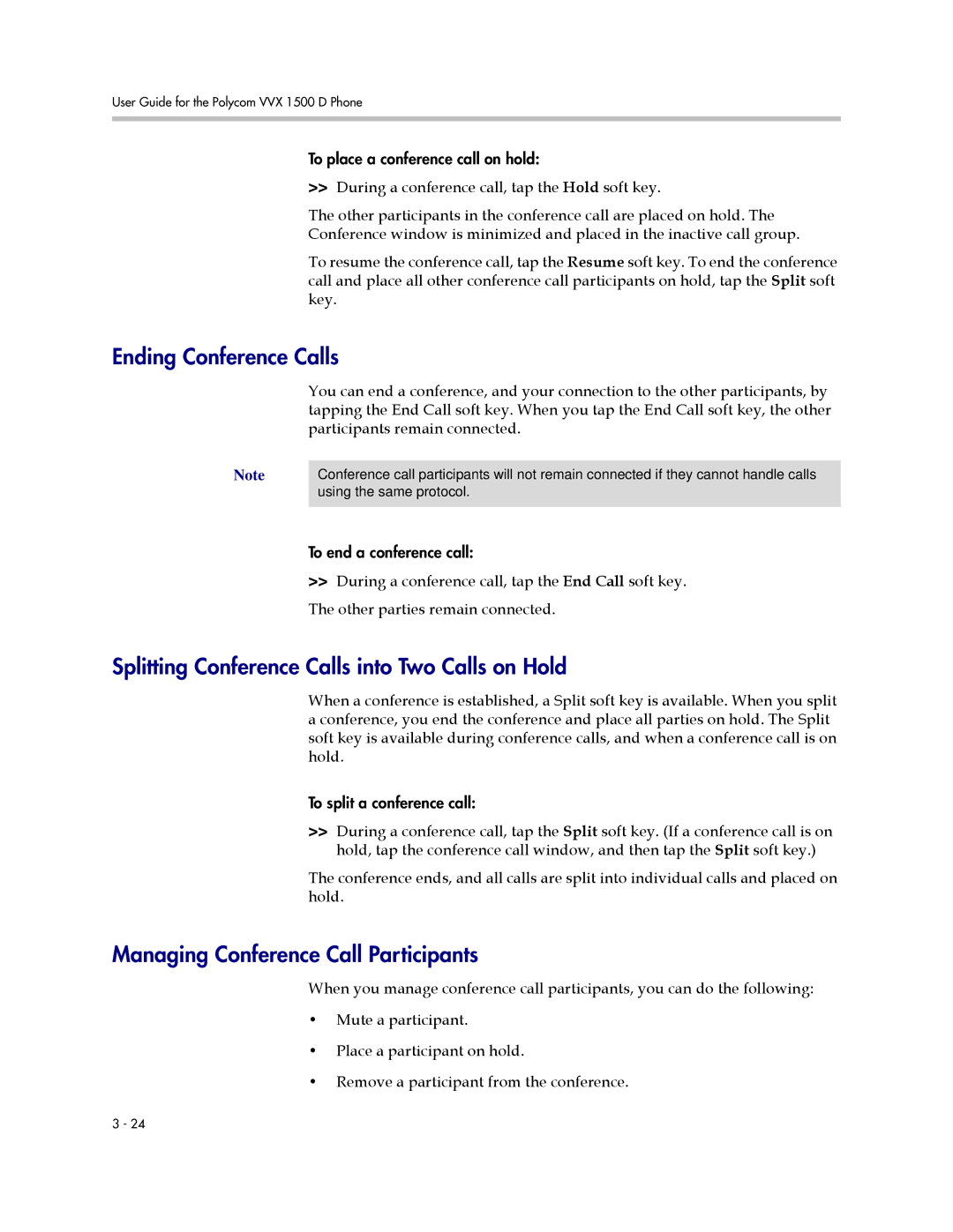 Polycom 1725-16824-001 manual Ending Conference Calls, Splitting Conference Calls into Two Calls on Hold 