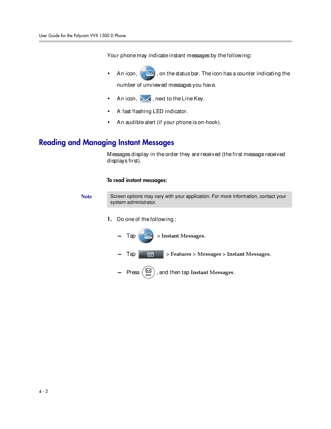 Polycom 1725-16824-001 manual Reading and Managing Instant Messages, Features Messages Instant Messages 