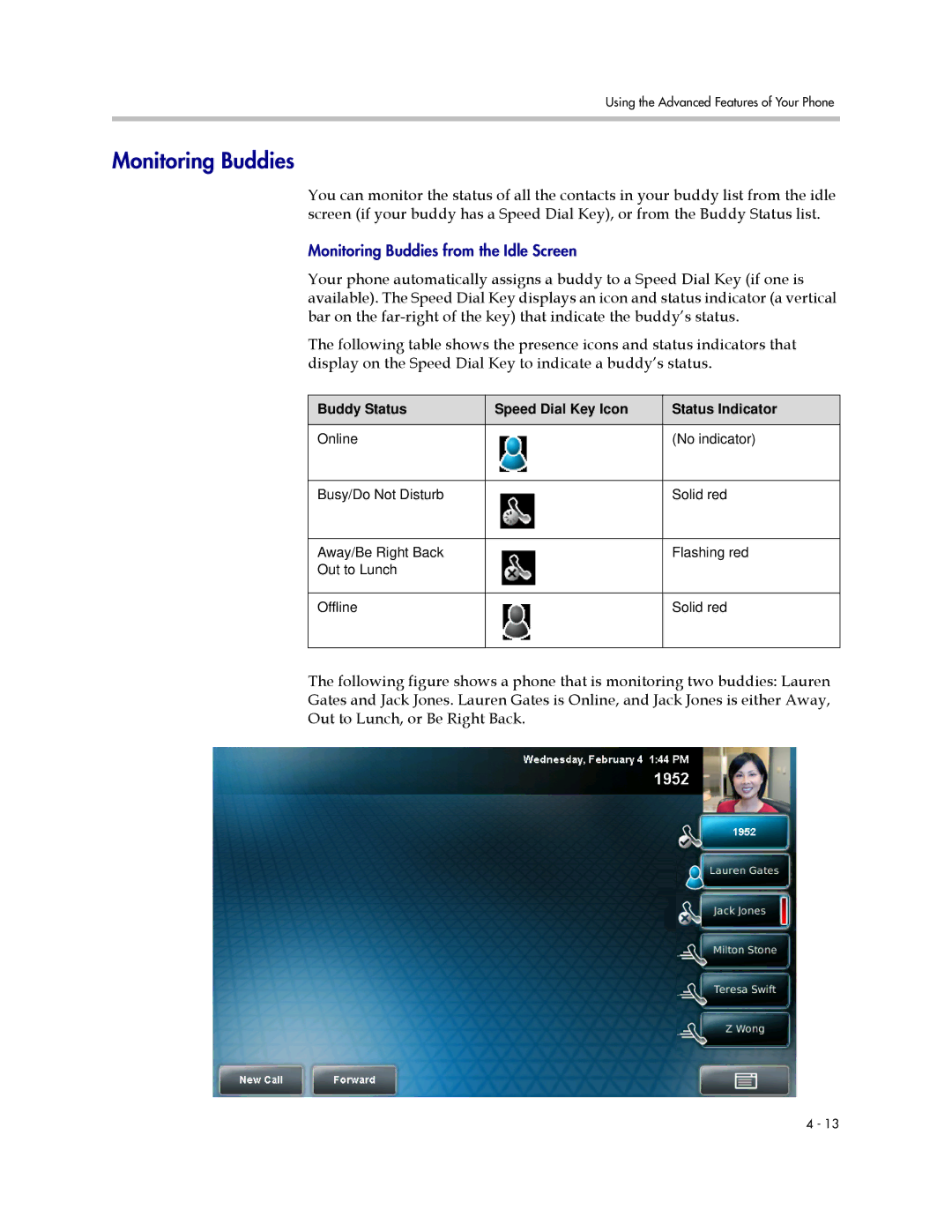 Polycom 1725-16824-001 manual Monitoring Buddies, Buddy Status Speed Dial Key Icon Status Indicator 