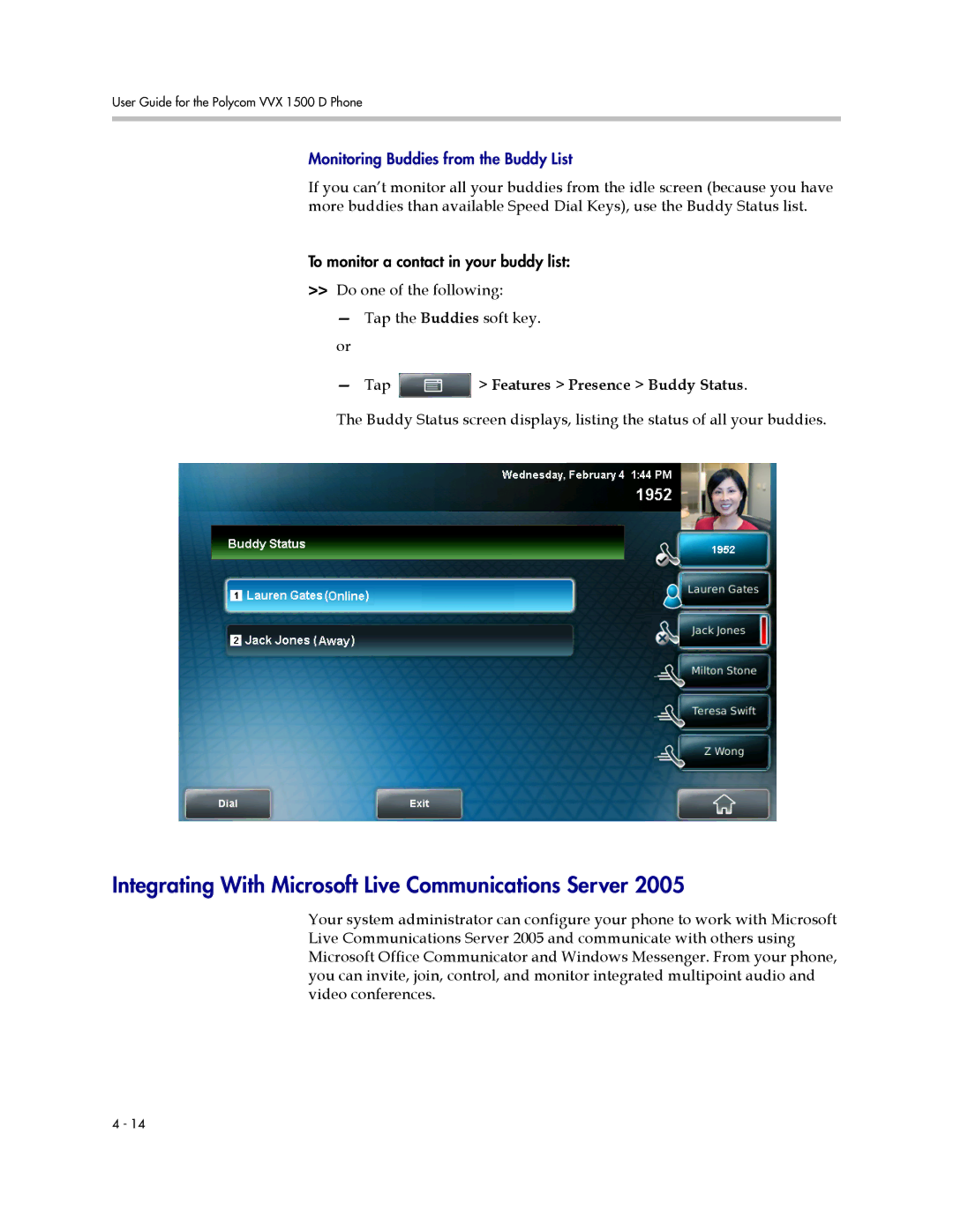 Polycom 1725-16824-001 manual Integrating With Microsoft Live Communications Server, Tap Features Presence Buddy Status 