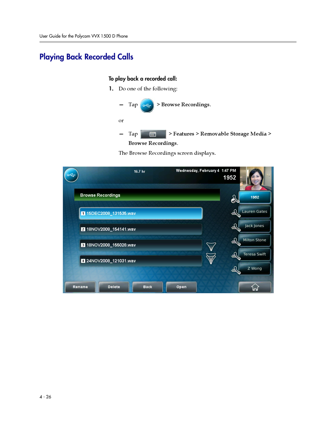 Polycom 1725-16824-001 manual Playing Back Recorded Calls, Browse Recordings screen displays 