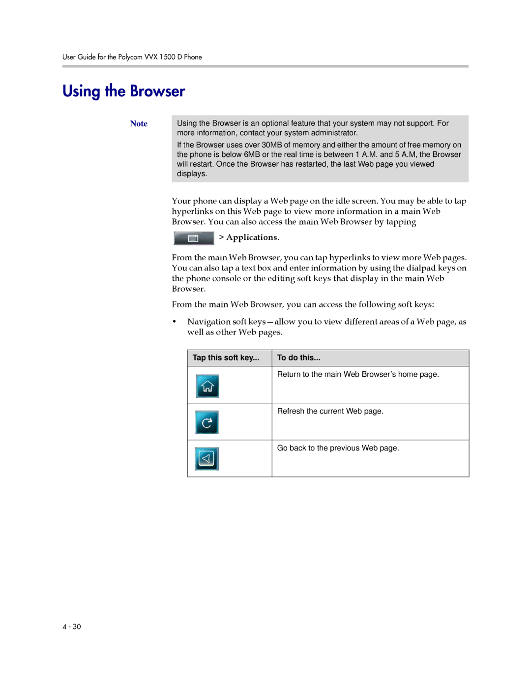 Polycom 1725-16824-001 manual Using the Browser, Applications, Tap this soft key To do this 