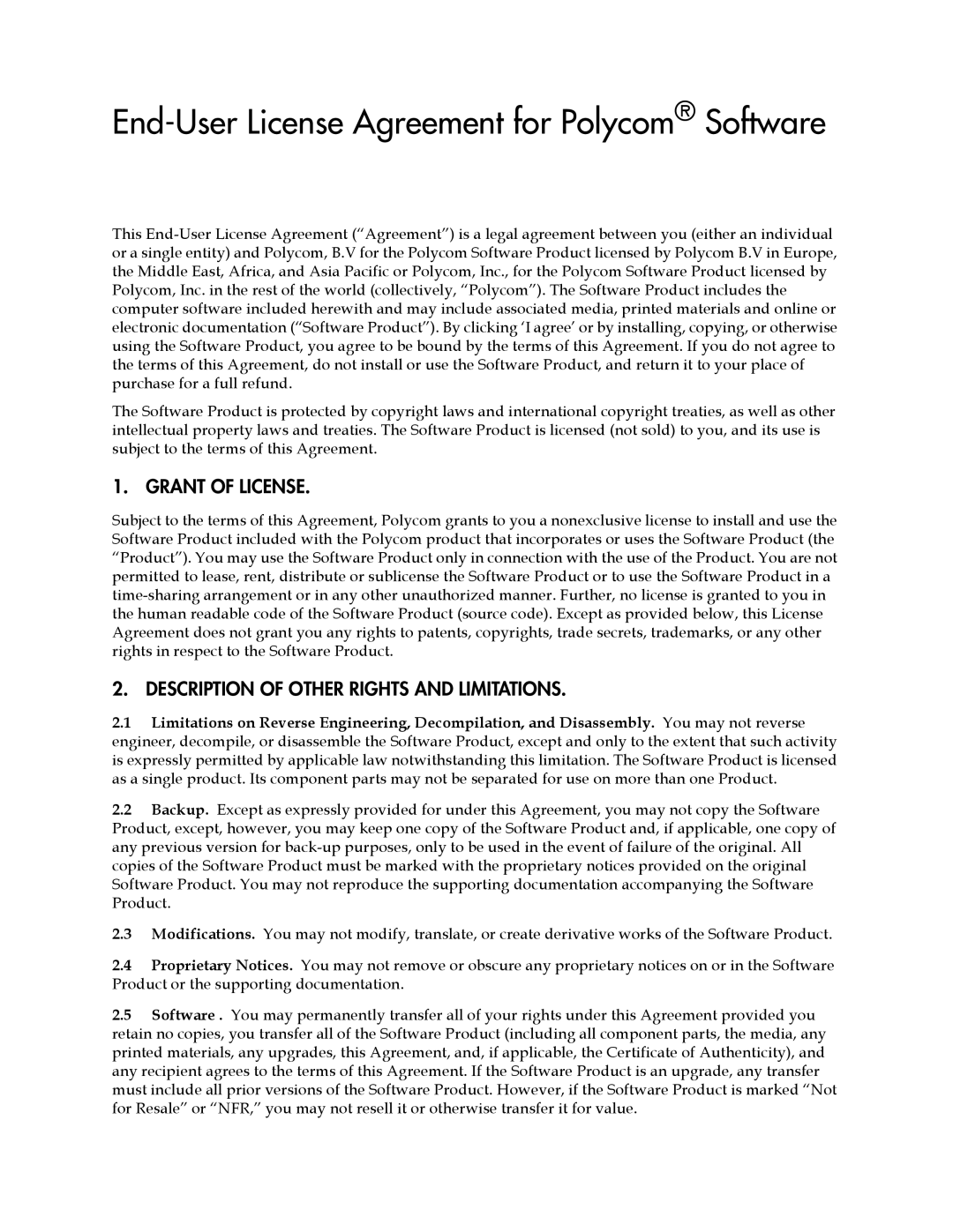 Polycom 1725-16824-001 manual End-User License Agreement for Polycom Software 