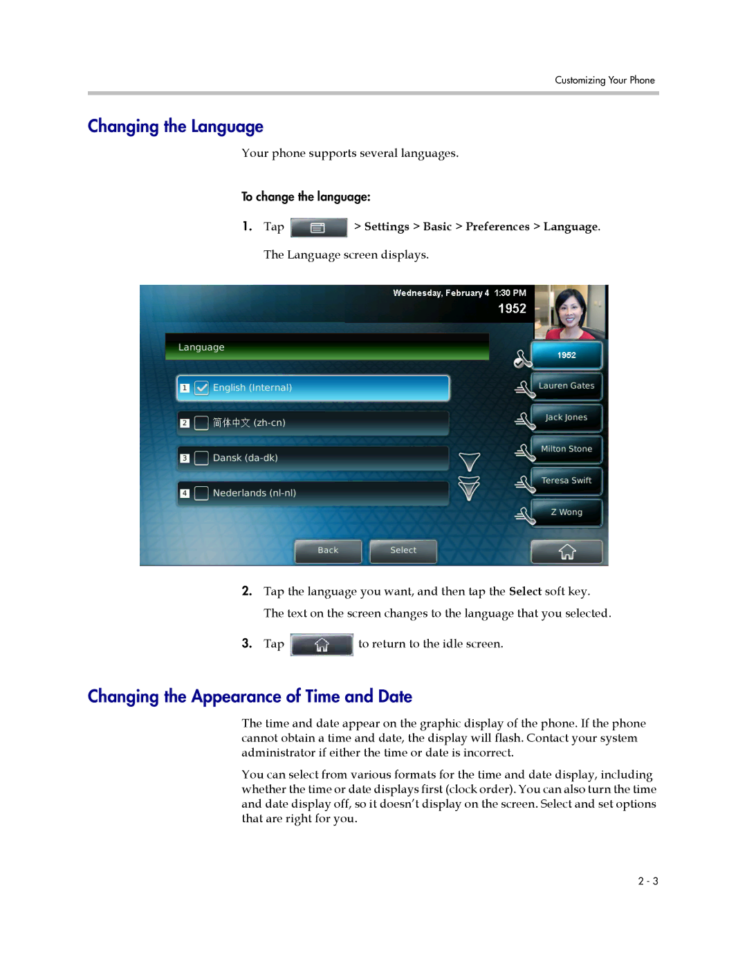 Polycom 1725-16824-001 manual Changing the Language, Changing the Appearance of Time and Date 