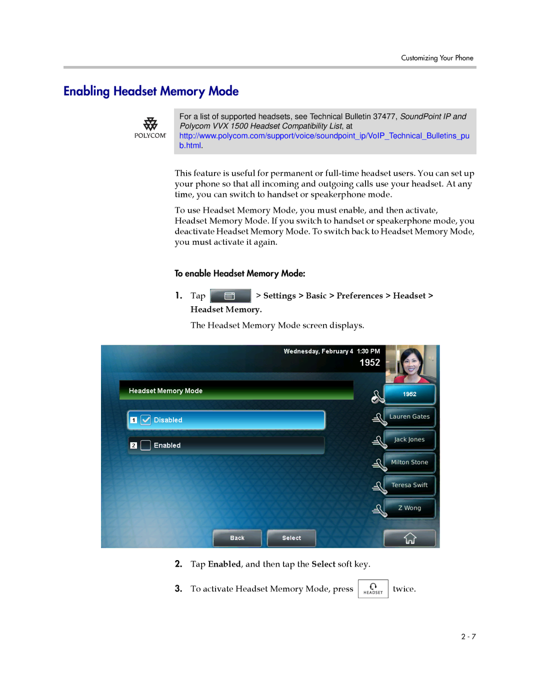 Polycom 1725-16824-001 manual Enabling Headset Memory Mode, Tap Settings Basic Preferences Headset Headset Memory 