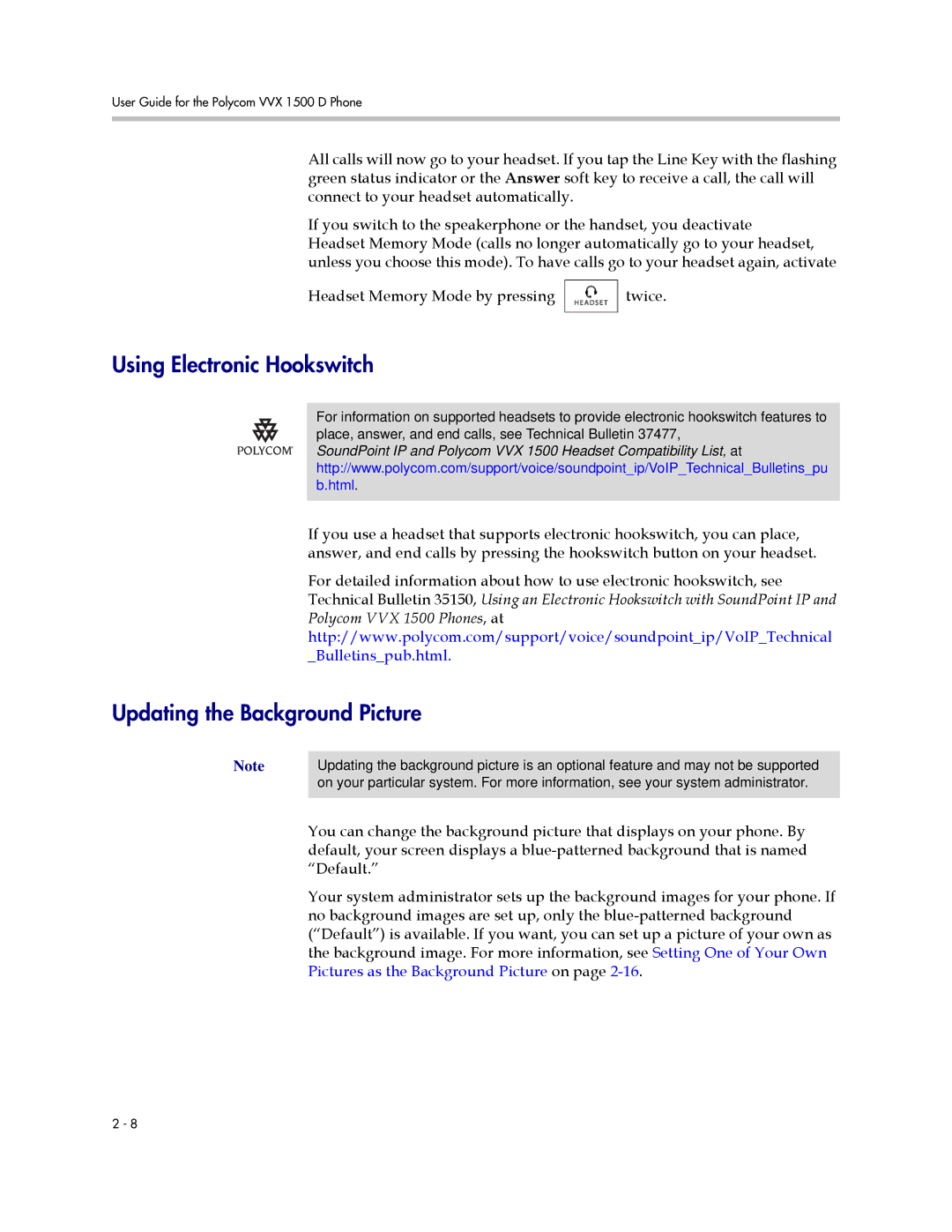 Polycom 1725-16824-001 manual Using Electronic Hookswitch, Updating the Background Picture 