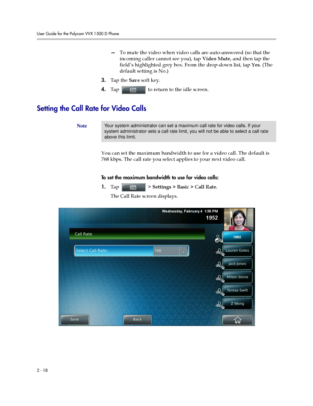 Polycom 1725-16824-001 Setting the Call Rate for Video Calls, Tap Settings Basic Call Rate. The Call Rate screen displays 