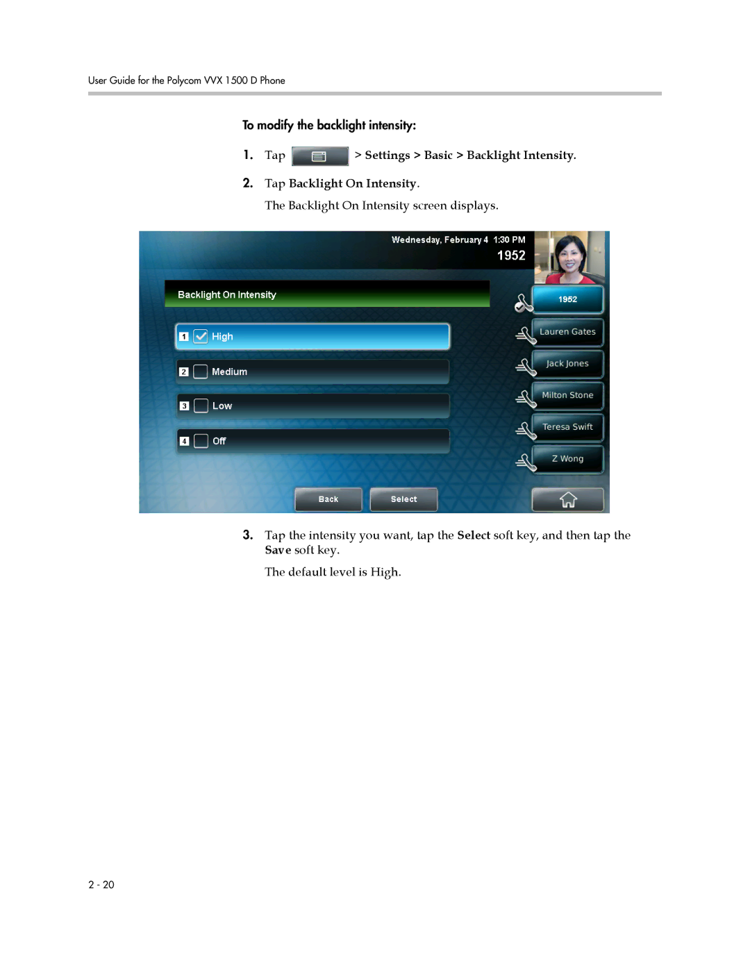 Polycom 1725-16824-001 manual To modify the backlight intensity 