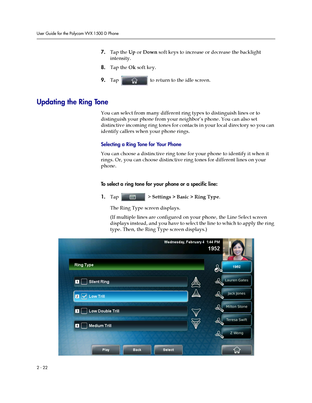 Polycom 1725-16824-001 manual Updating the Ring Tone, Tap Settings Basic Ring Type. The Ring Type screen displays 