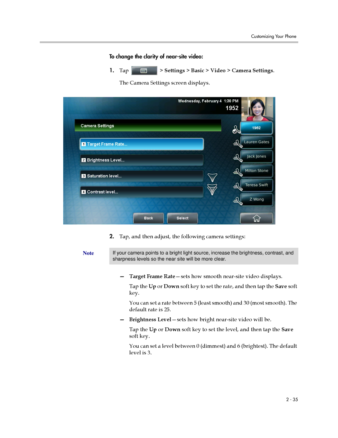 Polycom 1725-16824-001 manual Tap, and then adjust, the following camera settings 