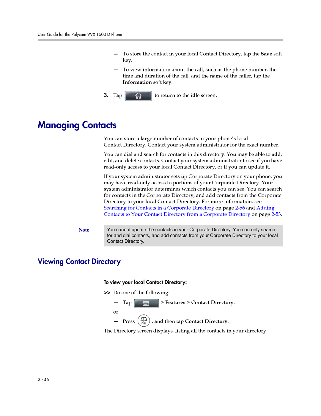 Polycom 1725-16824-001 manual Managing Contacts, Viewing Contact Directory, Tap Features Contact Directory 