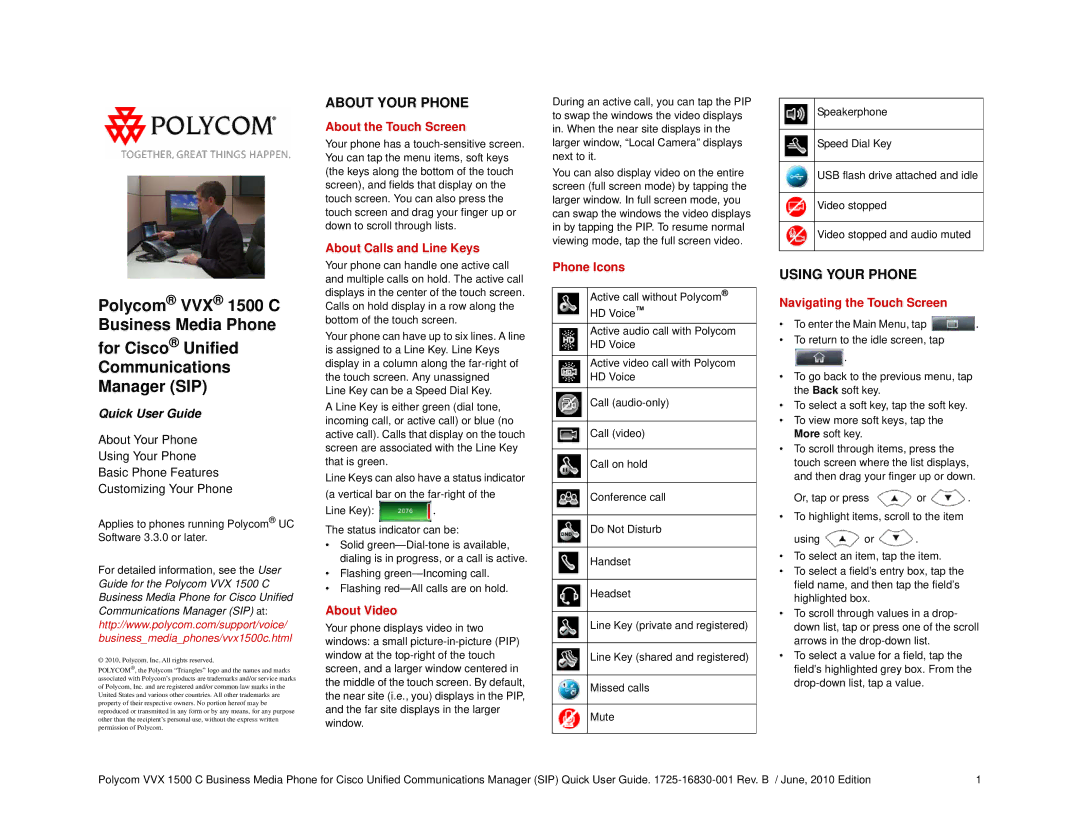 Polycom 1725-16830-001 manual About the Touch Screen, About Calls and Line Keys, About Video, Phone Icons 