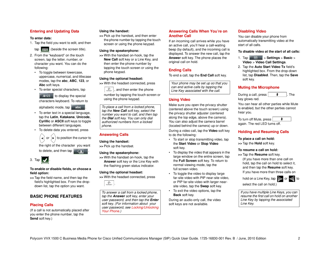Polycom 1725-16830-001 manual Entering and Updating Data, Placing Calls, Answering Calls, Ending Calls, Using Video 