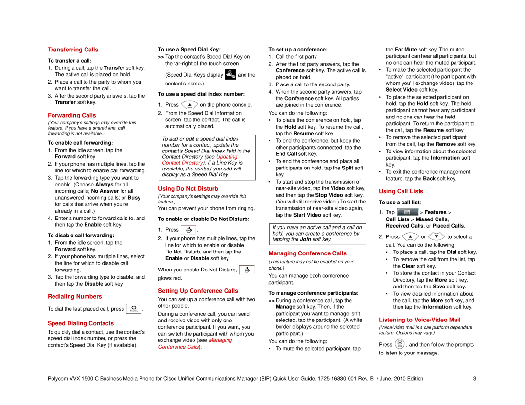 Polycom 1725-16830-001 Transferring Calls, Forwarding Calls, Redialing Numbers, Speed Dialing Contacts, Using Call Lists 